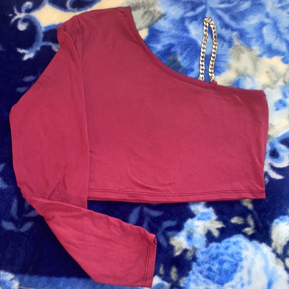 One Sleeve Crop Top with Chain Strap! Magenta Color! Never Worn!